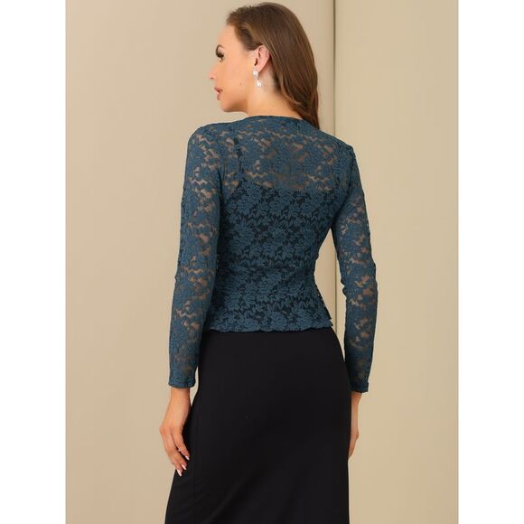 Floral Lace Shrug Tie Front Ruffled Sheer Crop Bolero Cardigan Dark Blue Grey - Picture 3 of 6